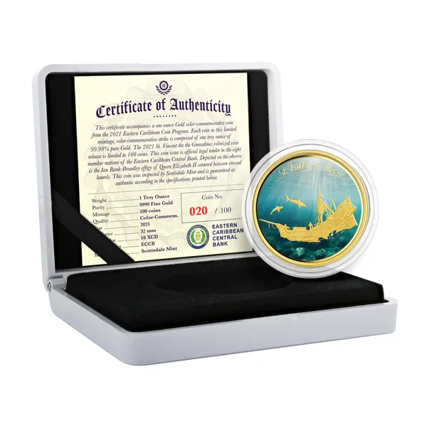 2021 Ec8 St Kitts & Nevis 1 Oz Gold Color Coin Sunken Ship