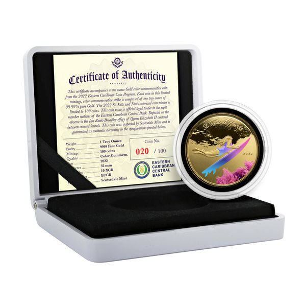 2022 Scottsdale Mint Ec8 St Kitts And Nevis Underwater Surfer 1 Oz Gold Proof Color Coin 03