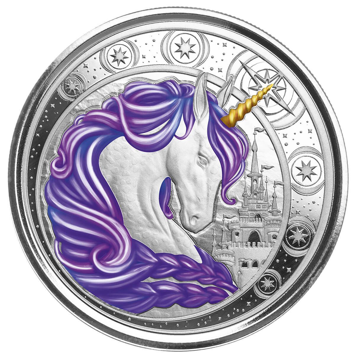 2023 Ghana Unicorn Aurora 1 Troy Oz 999 Fine Silver Purple Color Proof Coin Scottsdale Mint 01