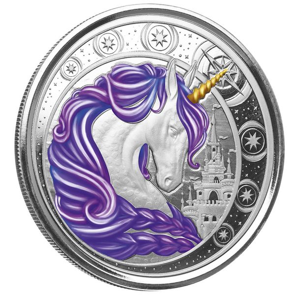 2023 Ghana Unicorn Aurora 1 Troy Oz 999 Fine Silver Purple Color Proof Coin Scottsdale Mint 02