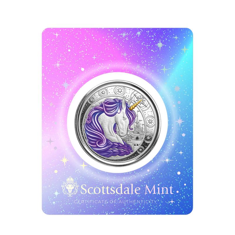 2023 Ghana Unicorn Aurora 1 Troy Oz 999 Fine Silver Purple Color Proof Coin Scottsdale Mint 03