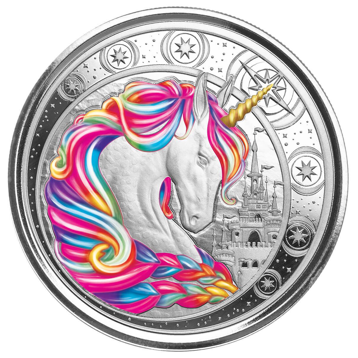 2023 Ghana Unicorn Blossom 1 Troy Oz 999 Fine Silver Rainbow Color Proof Coin Scottsdale Mint 01