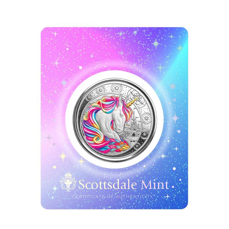 2023 Ghana Unicorn Blossom 1 Troy Oz 999 Fine Silver Rainbow Color Proof Coin Scottsdale Mint 03
