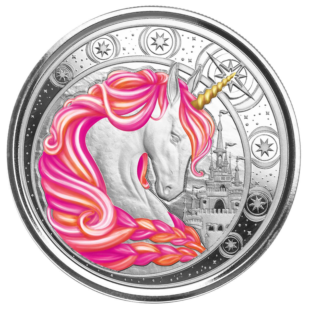 2023 Ghana Unicorn Jubilee 1 Troy Oz 999 Fine Silver Pink Color Proof Coin Scottsdale Mint 01