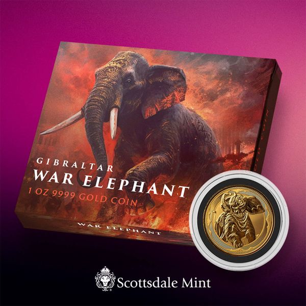 2023 Gibraltar War Elephant 1 Troy Oz 9999 Fine Gold Coin Scottsdale Mint 00