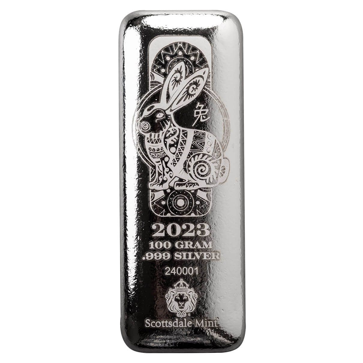 2023 Scottsdale Mint Lunar Year Of The Rabbit 100 Gram 999 Fine Silver Cast Bar 01