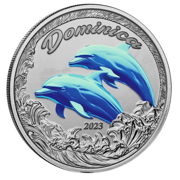 2023 Ec8 Scottsdale Mint Dominica Dolphins 1 Troy Ounce 999 Fine Silver Color Proof Coin 01