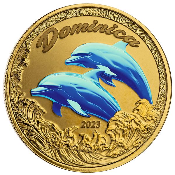 2023 Ec8 Scottsdale Mint Dominica Dolphins 1 Troy Ounce 9999 Fine Gold Color Proof Coin 01