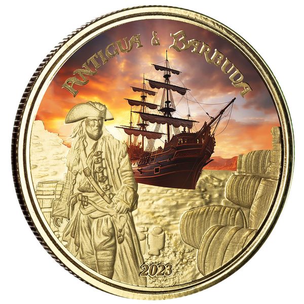 2023 Scottsdale Mint Ec8 Antigua & Barbuda Rumrunner Pirate 1 Troy Ounce 9999 Fine Gold Color Proof Coin 05