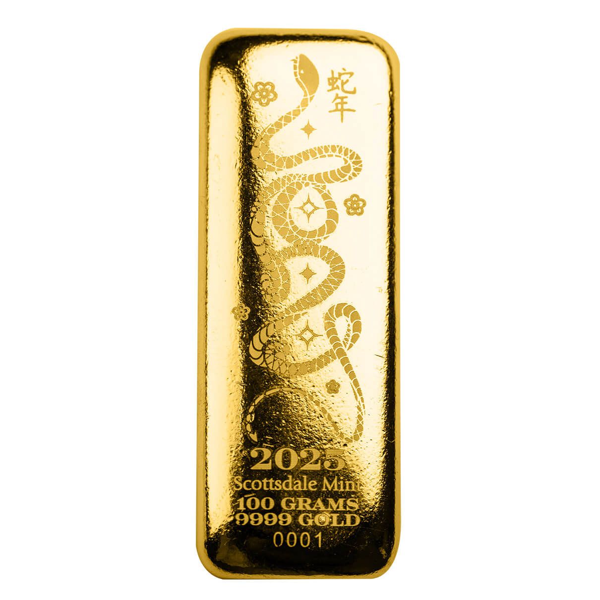 2025 Scottsdale Mint Lunar Year Of The Snake 100 Gram Gold Bar 01