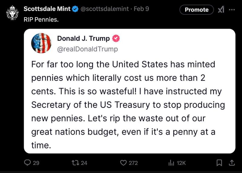 Trump Admin Truth Post On Ending Penny Scottsdale Mint Rip Pennies