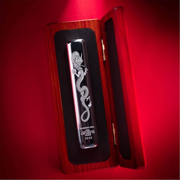 2025 Scottsdale Mint Lucky Dragon 8.88 Troy Ounces 999 Fine Silver Cast Bar 09