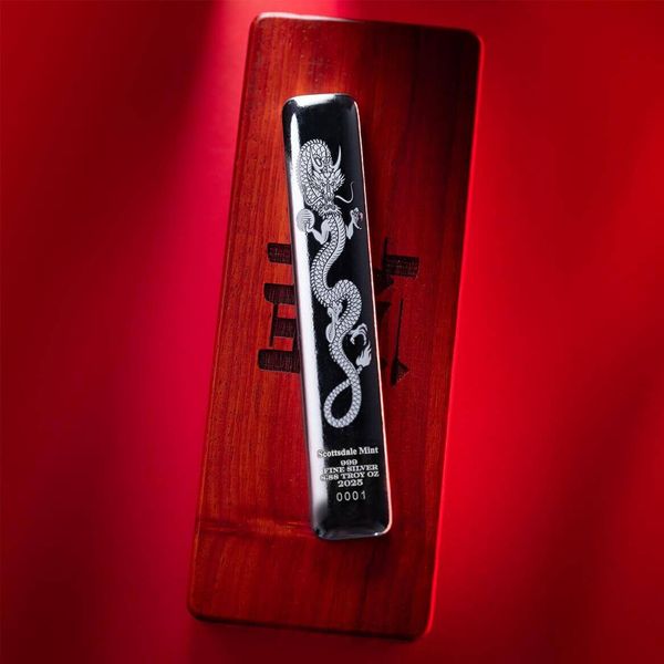 2025 Scottsdale Mint Lucky Dragon 8.88 Troy Ounces 999 Fine Silver Cast Bar 10